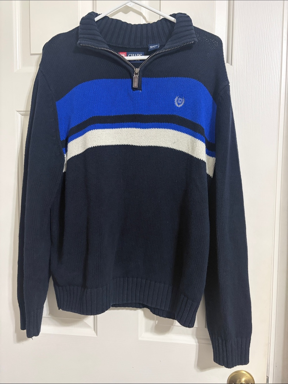 Chaps Preppy Men’s Navy, Royal Blue & White Striped 1/4 Zip Sweater 100% Cotton